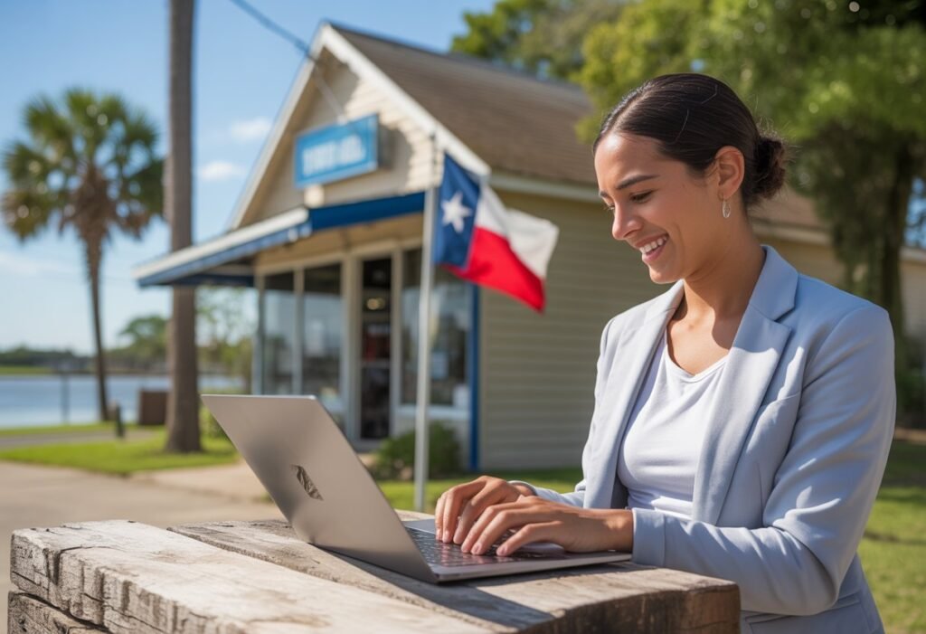 A small business owner in Brazoria County, Texas, working on a laptop outside their storefront with palm trees and blue skies in the background.