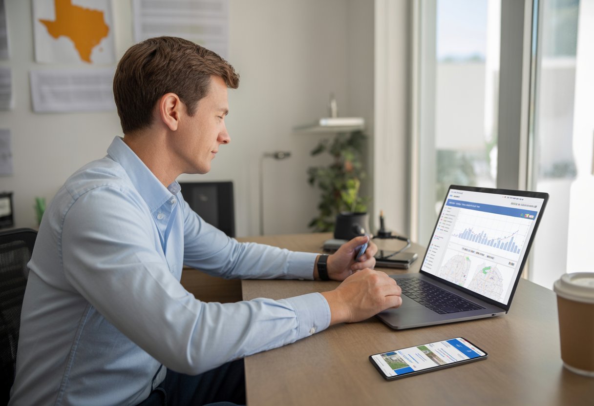 A small business owner working on a laptop with local maps and graphs in a bright office, with a map of Brazoria County visible on the wall.