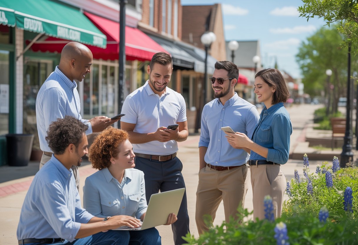 Small business owners and community members meeting outdoors in a sunny downtown area with local shops and Texas-themed decorations.
