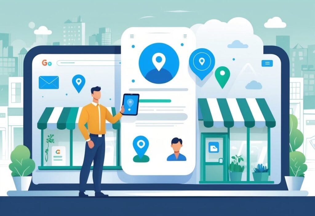 A business owner using a digital tablet in front of a storefront with floating icons representing location, verification, and profile management.