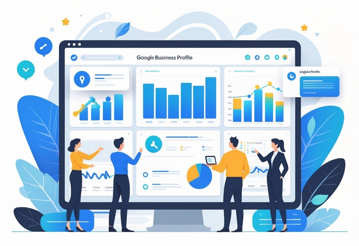 A group of business professionals working together around a digital dashboard showing charts and profile elements related to managing a business profile.