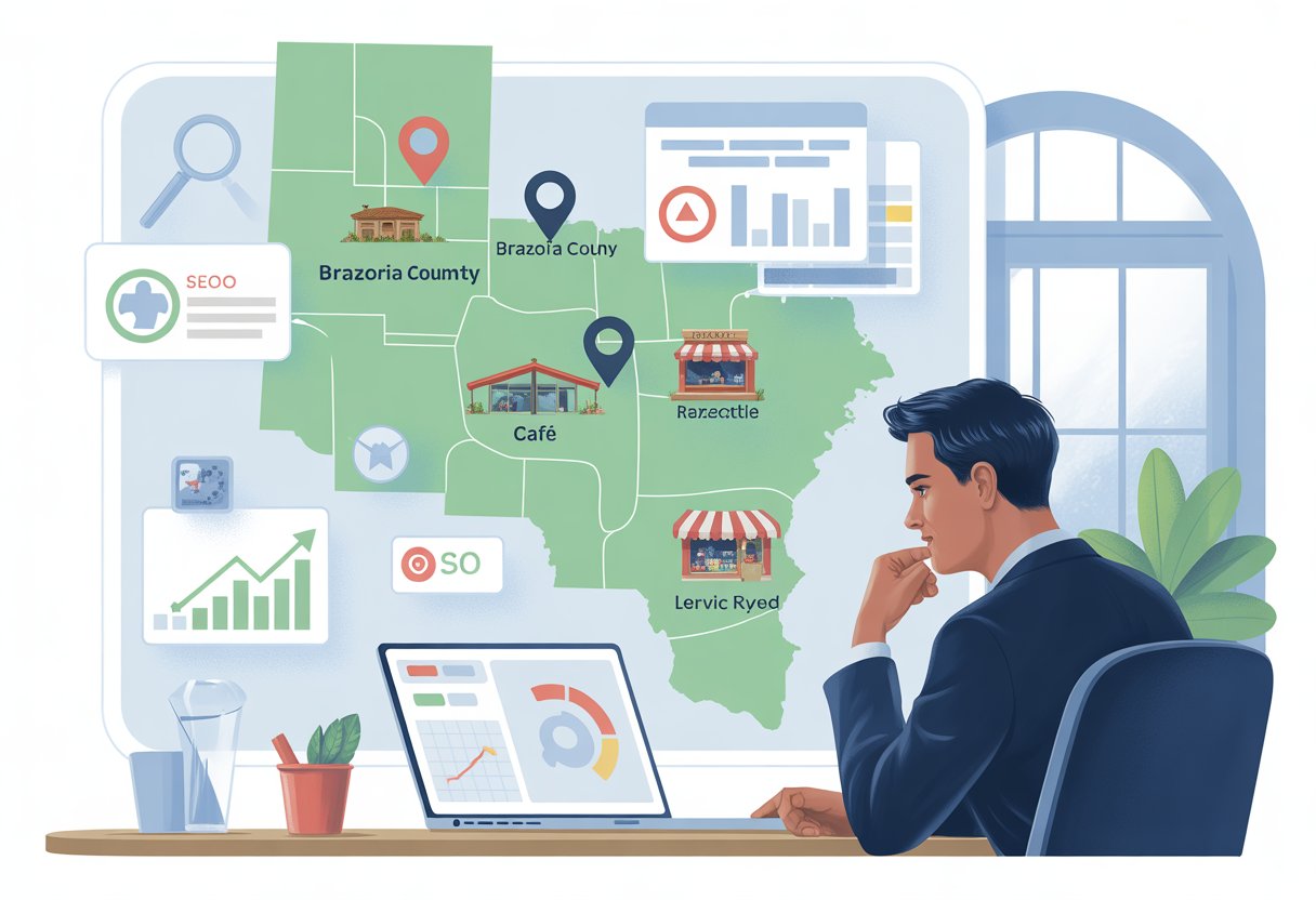 A business owner reviewing a map of Brazoria County with local businesses marked, alongside a laptop displaying SEO analytics.