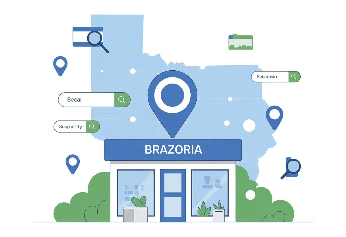 A small business storefront with location markers and digital search icons over a map outline representing local online search activity in Brazoria County.