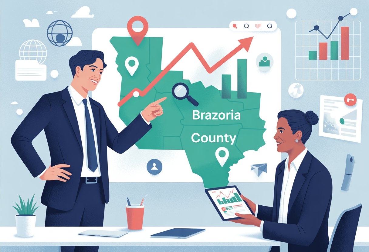 A business consultant explaining local SEO concepts to a small business owner in an office with a digital map of Brazoria County and SEO icons.