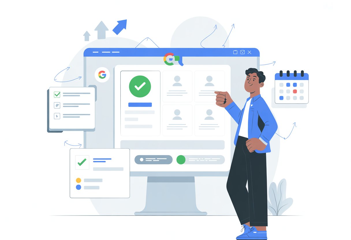 A business owner standing next to a computer screen showing a Google Business Profile dashboard with icons representing verification and next steps.