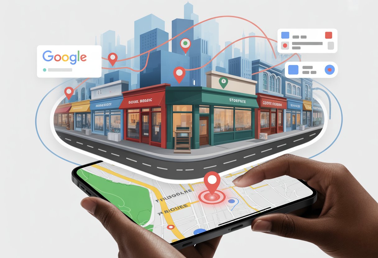 A city street with various storefronts integrated into a Google Maps interface, showing location pins and a hand holding a device displaying a highlighted business location.