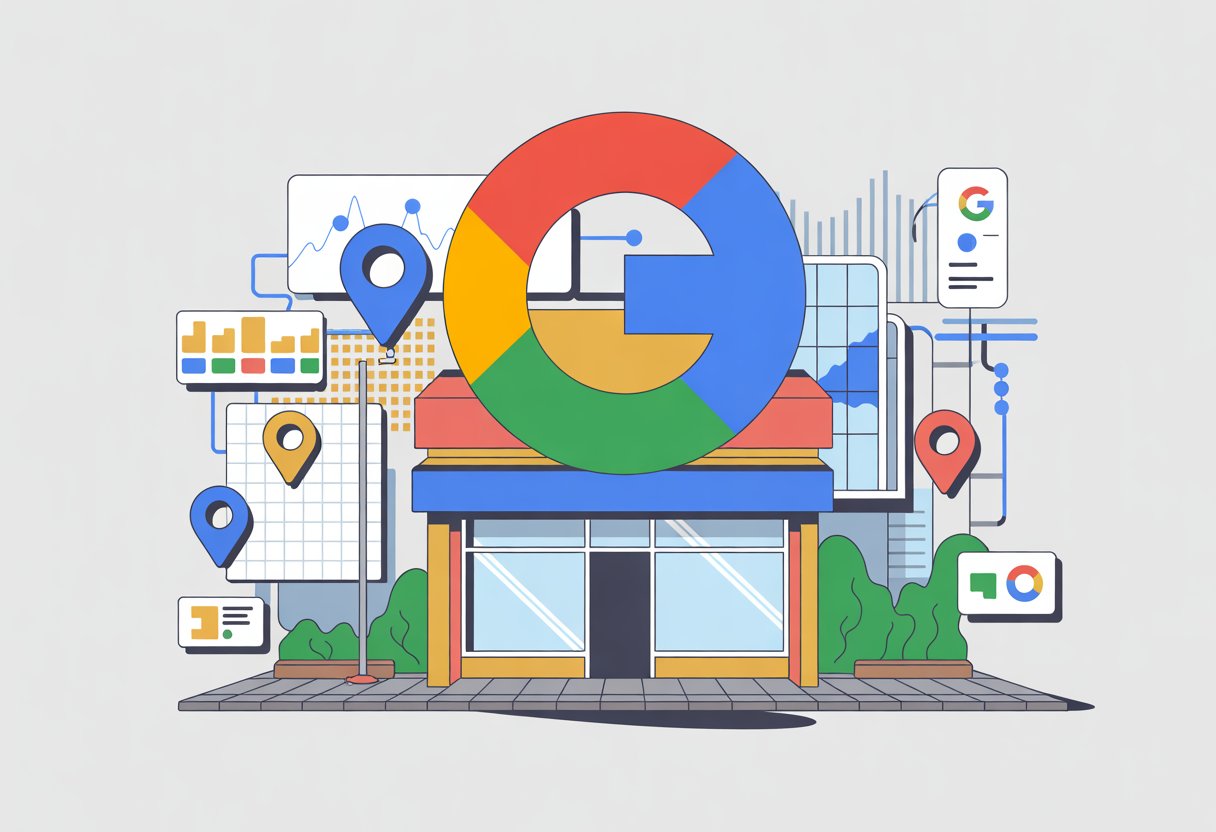 A modern storefront with a large Google Maps location pin above it, surrounded by map elements and data visuals representing digital presence and optimization.