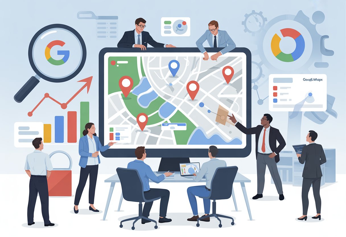A group of business professionals working together around a computer displaying a map with location pins and SEO-related icons, symbolizing digital marketing and strategy.