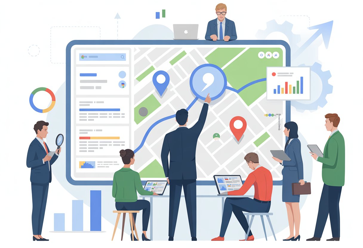 A group of business professionals collaborating around a large digital map with location pins and analytics, discussing strategies for improving local business visibility.
