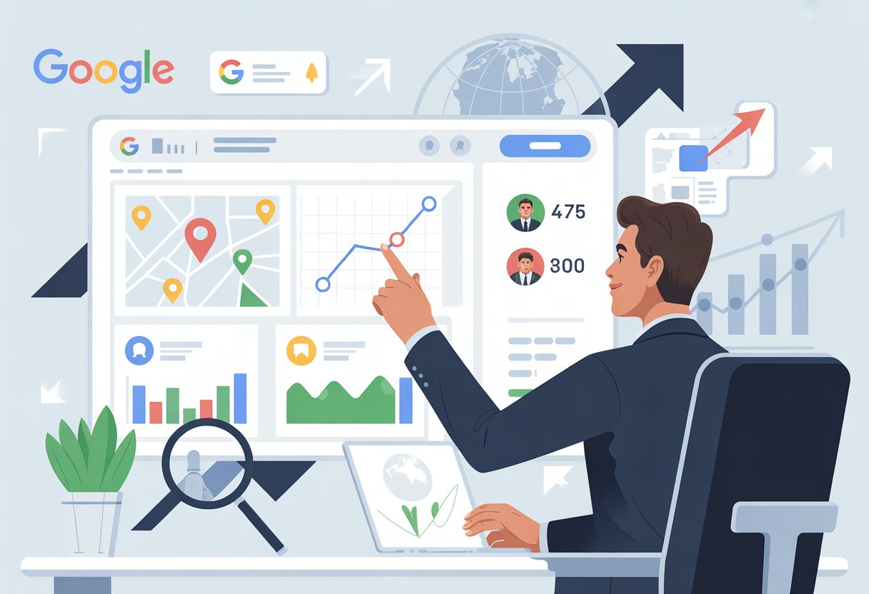 A business professional analyzing digital charts and maps on a large screen in an office, focusing on local search optimization metrics.